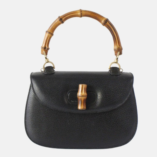 Gucci Bamboo Leather Black Medium Top Handle Travel Bag
