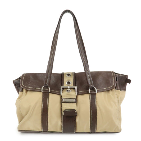 Shoulder Bag Triangle Leather Nylon Brown