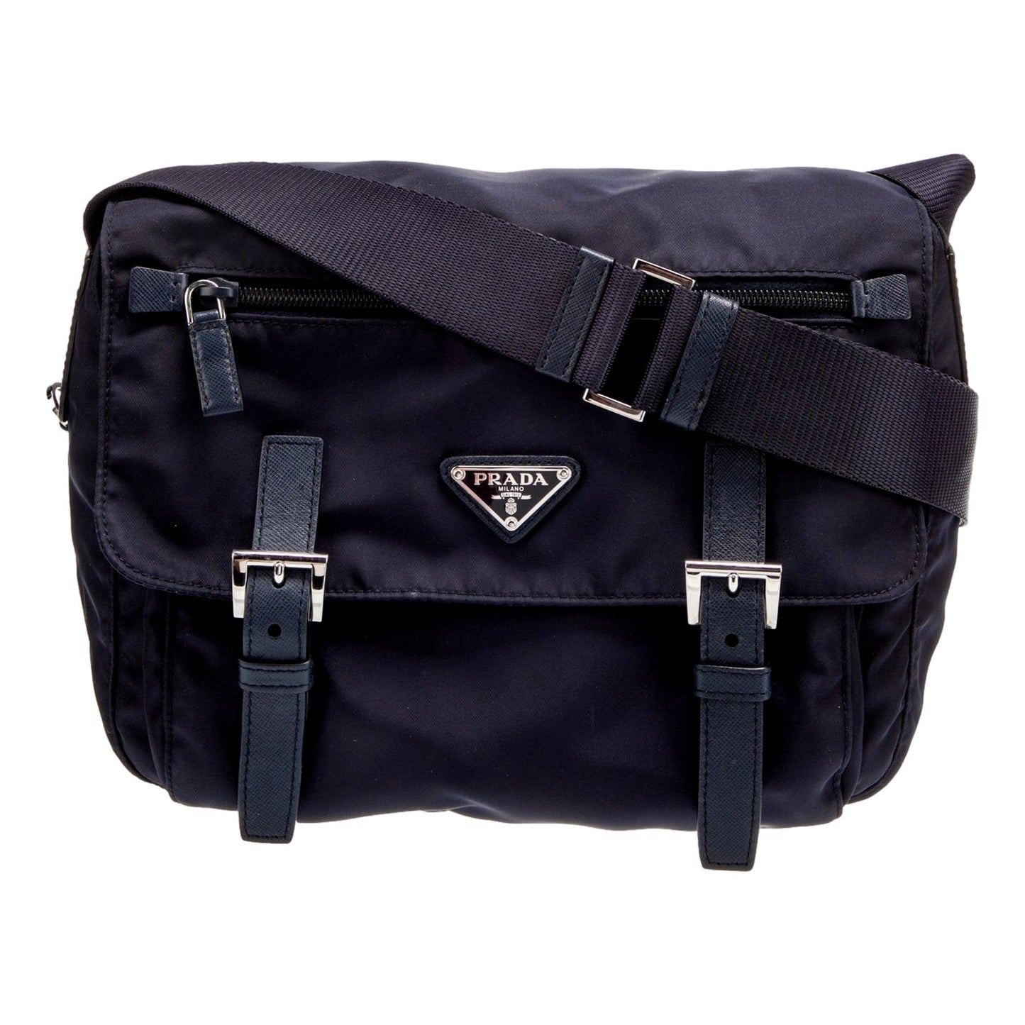 Prada And Messenger Bag With Buckles Nylon Saffiano Blue