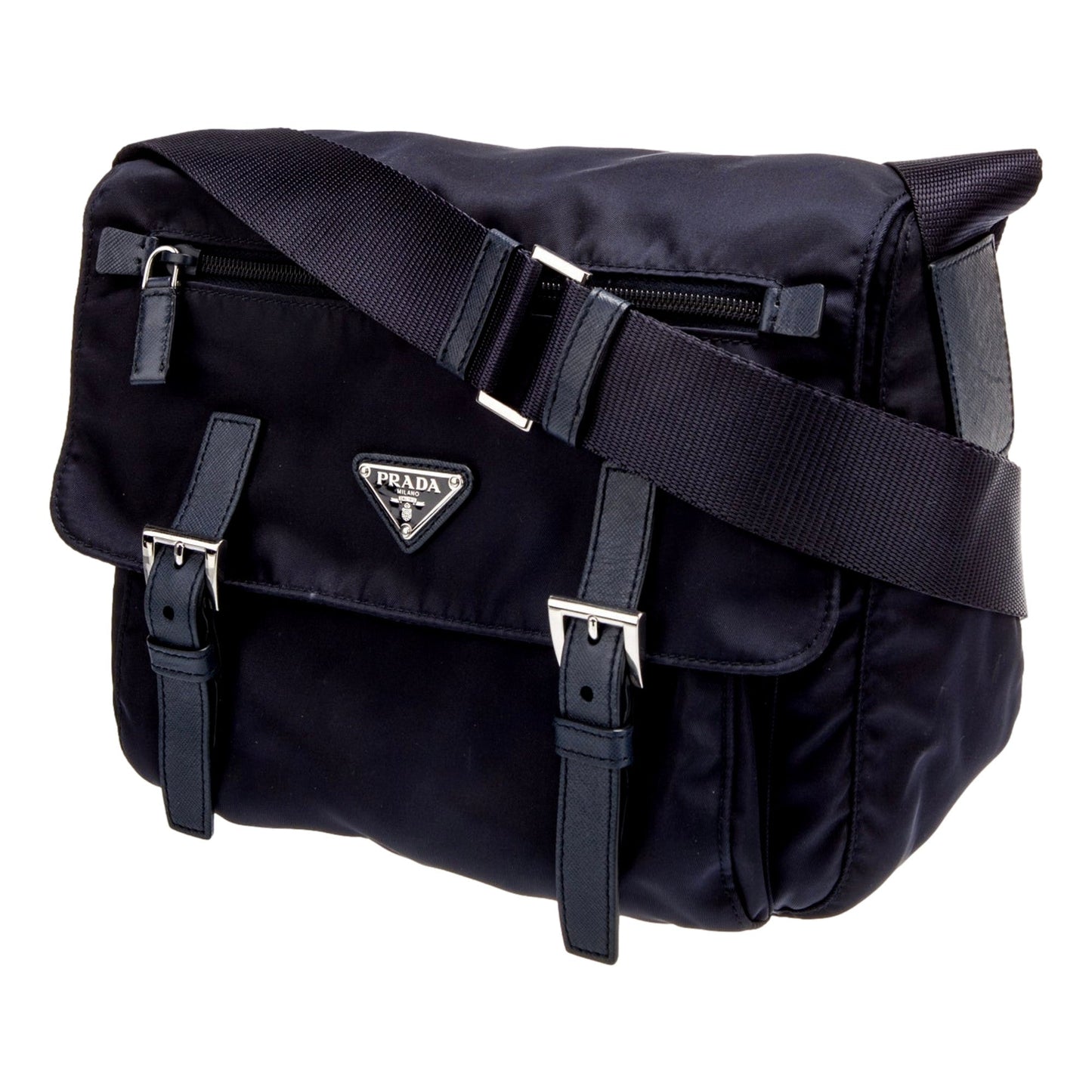 Prada And Messenger Bag With Buckles Nylon Saffiano Blue