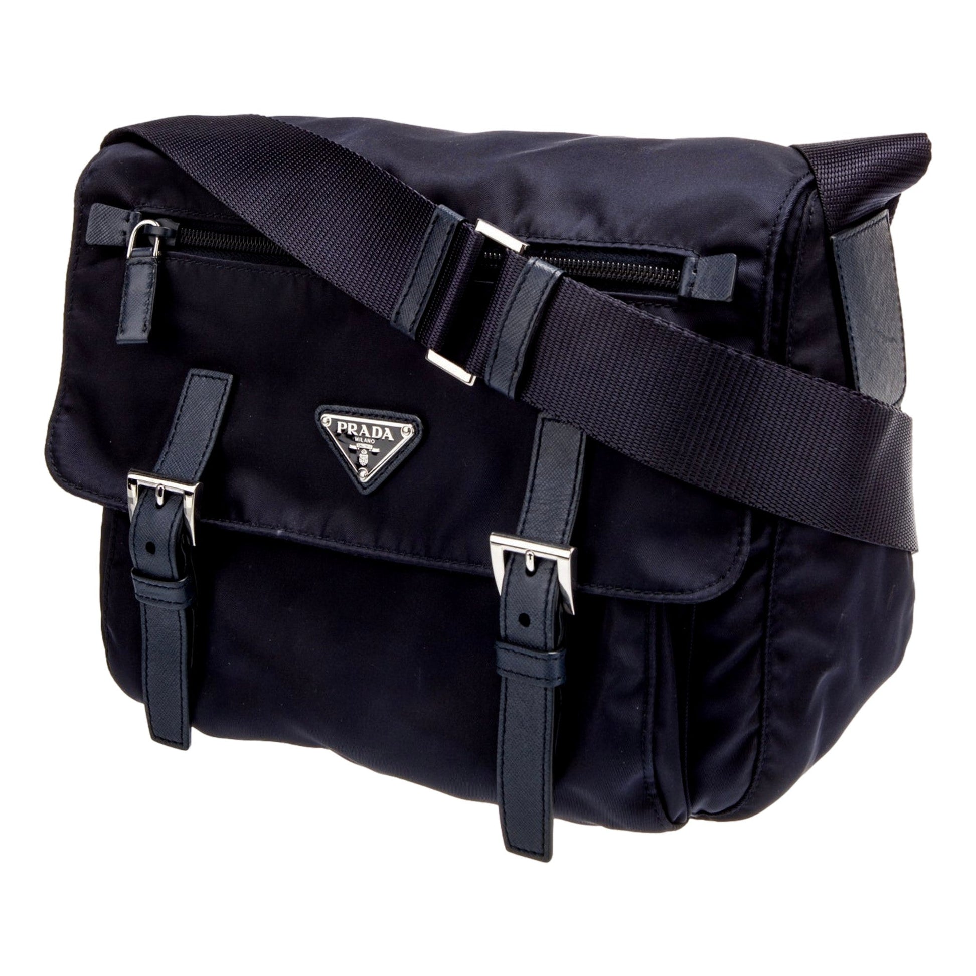 Prada And Messenger Bag With Buckles Nylon Saffiano Blue