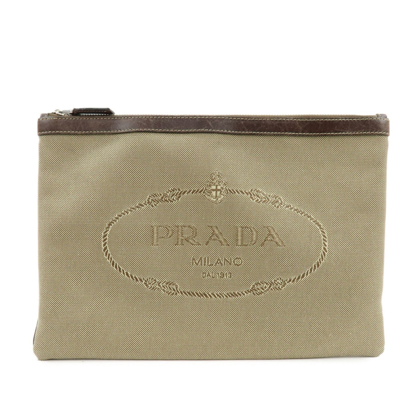 Clutch Bag Jacquard Pouch Khaki Leather Canvas Logo