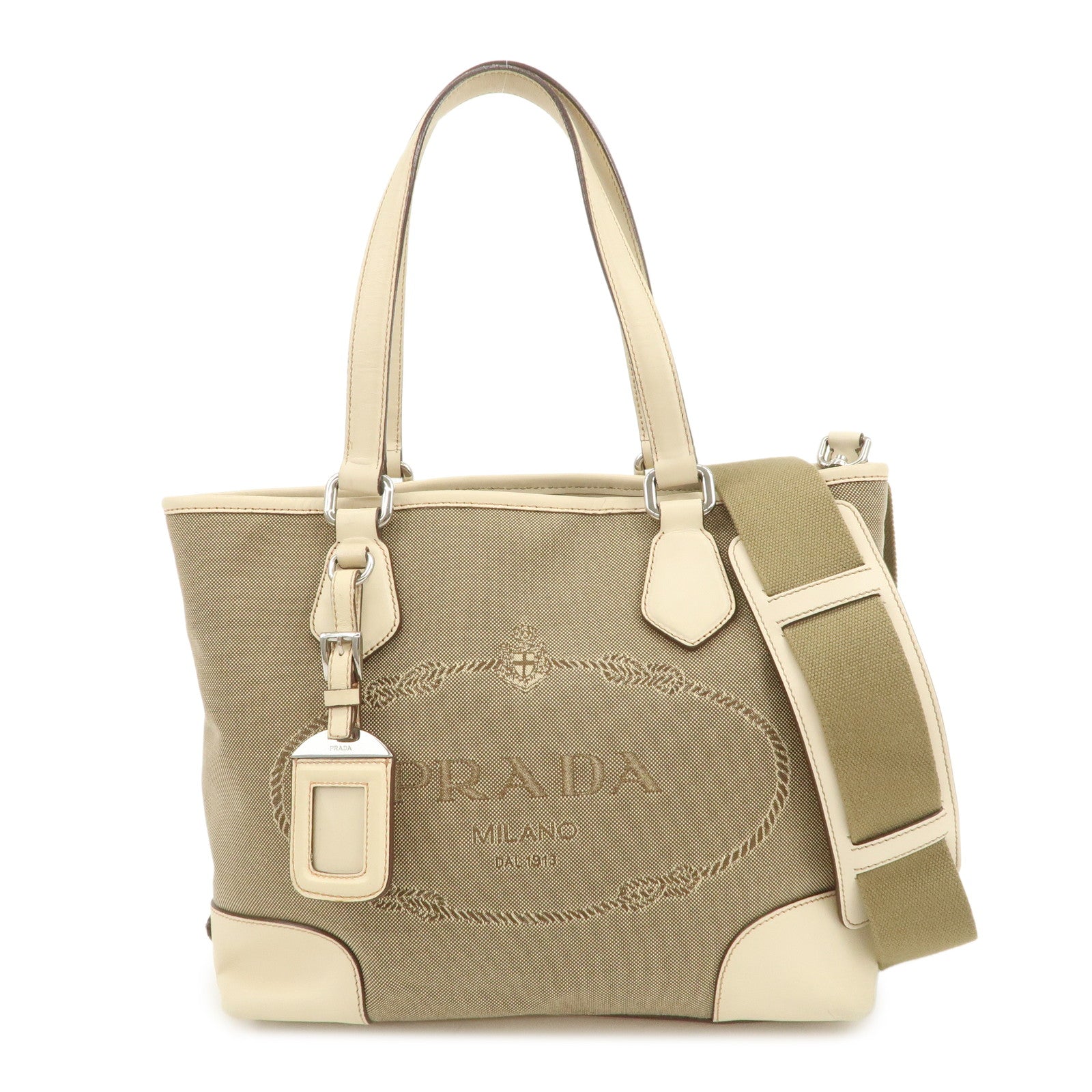 Tote Bag Jacquard 2Way Shoulder Bag Leather Beige Logo