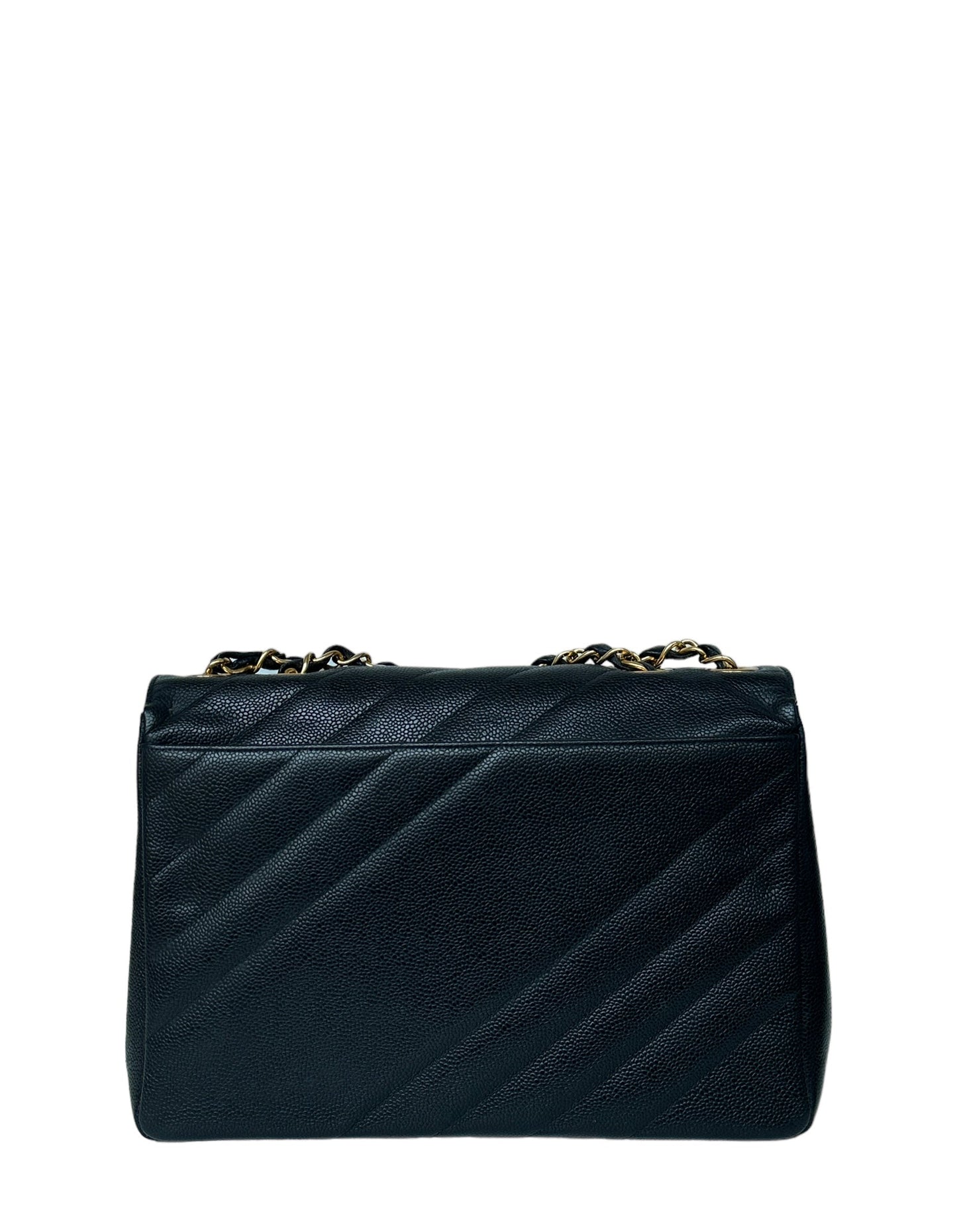 Chanel Black Caviar Leather Diagonal Quilted CC Flap Bag