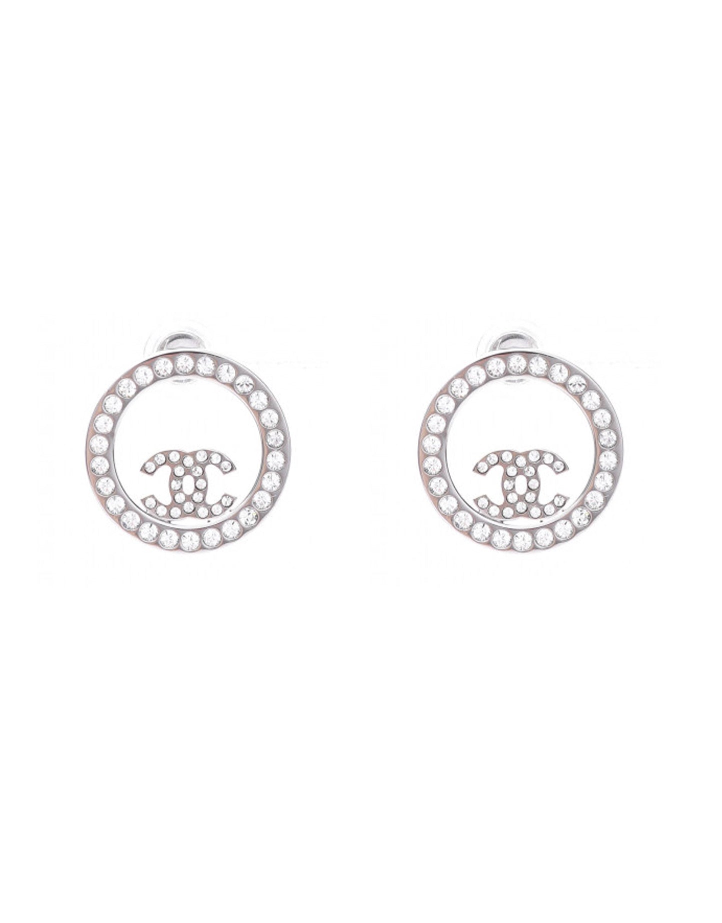 Chanel Silver Crystal Round CC Pierced Earrings Jewelry