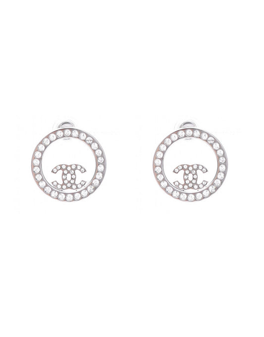 Chanel Silver Crystal Round CC Pierced Earrings Jewelry