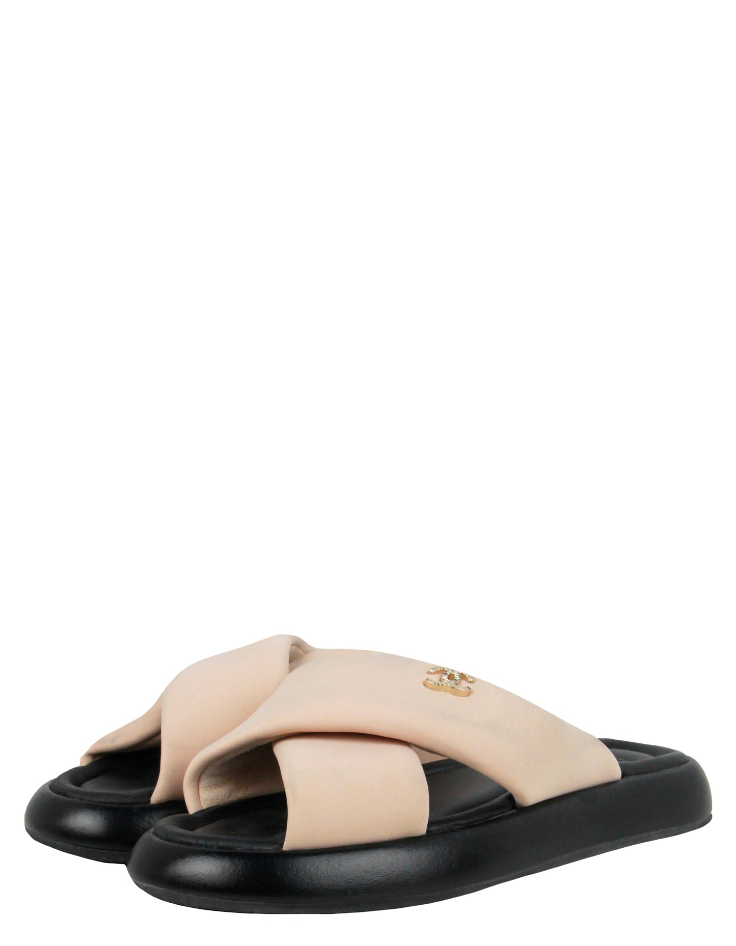 Chanel 2022 Nude/ Black Criss-Cross CC Logo Slides sz 39 Shoes