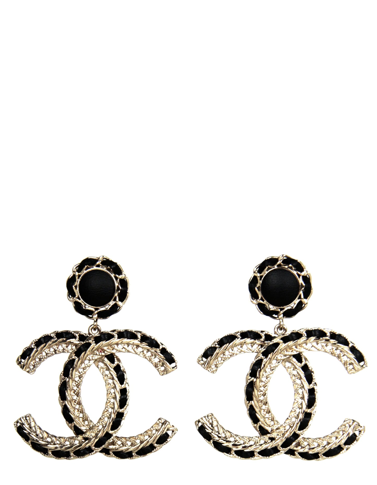 Chanel 2022 Gold/Black Leather Large hanging CC Earrings Jewelry