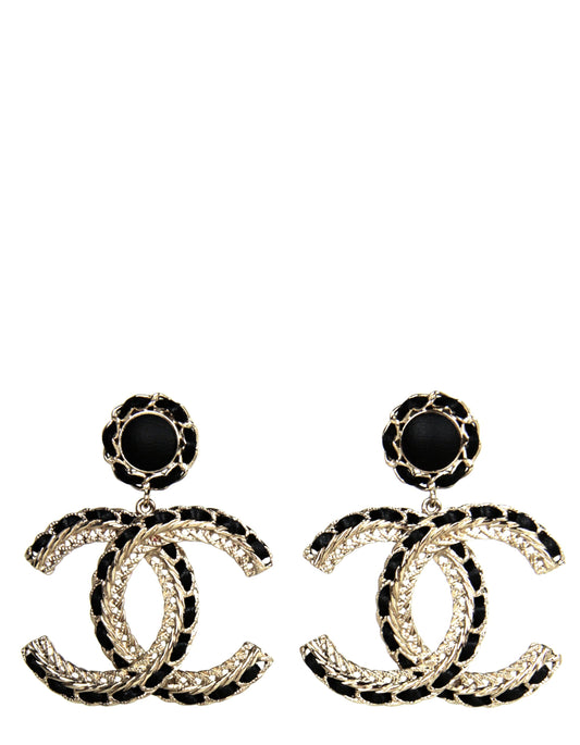 Chanel 2022 Gold/Black Leather Large hanging CC Earrings Jewelry