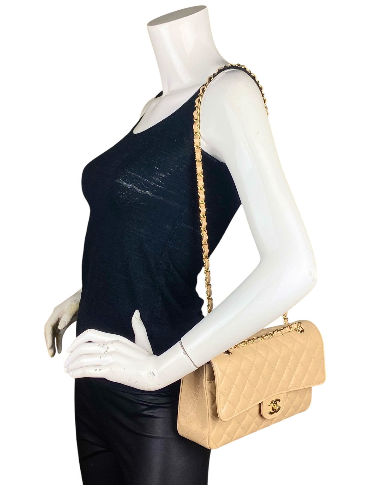 Chanel Beige Caviar Medium Double Flap GHW Bag