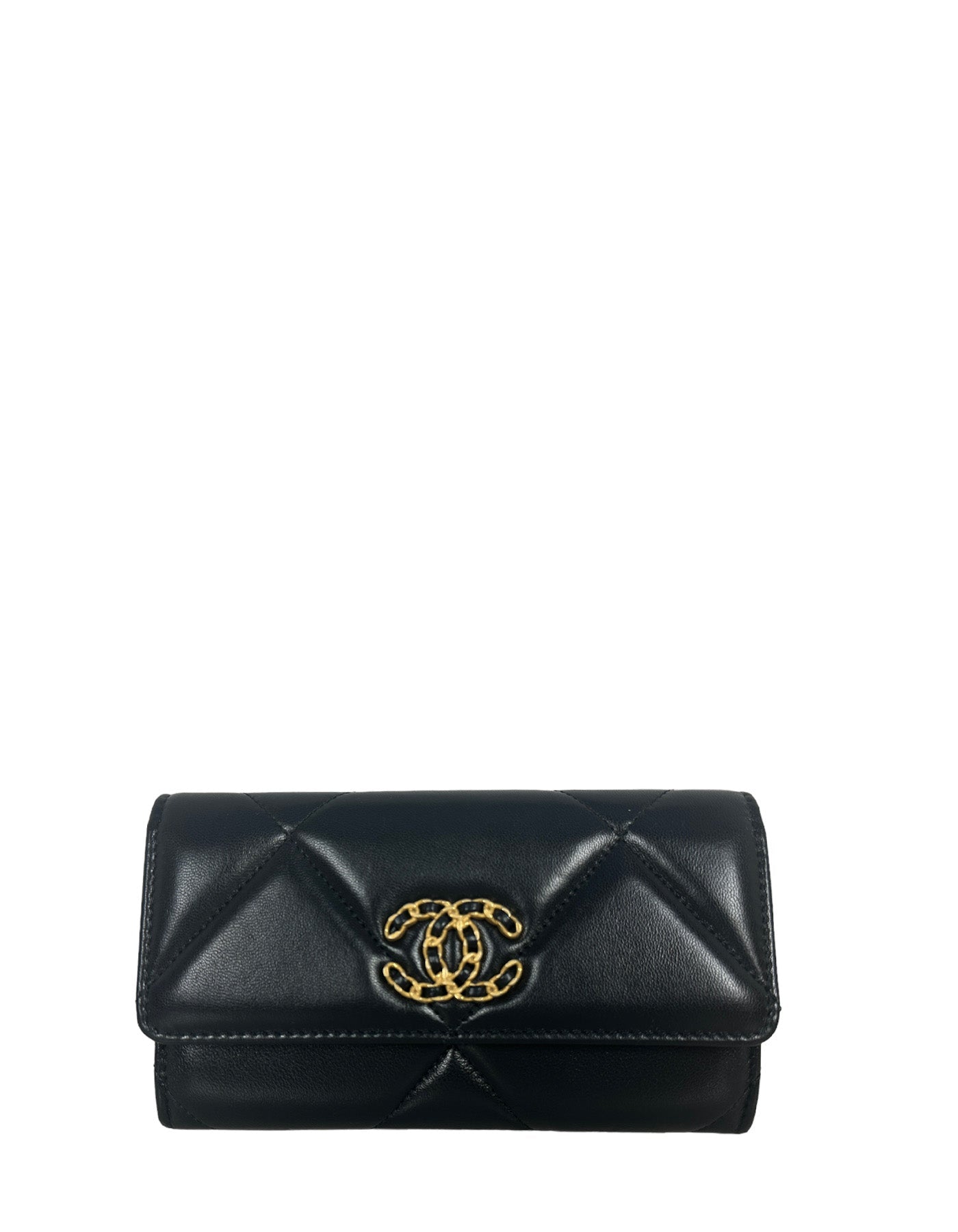 Chanel '23 NEW Black Lambskin Leather Quilted 19 Flap Wallet