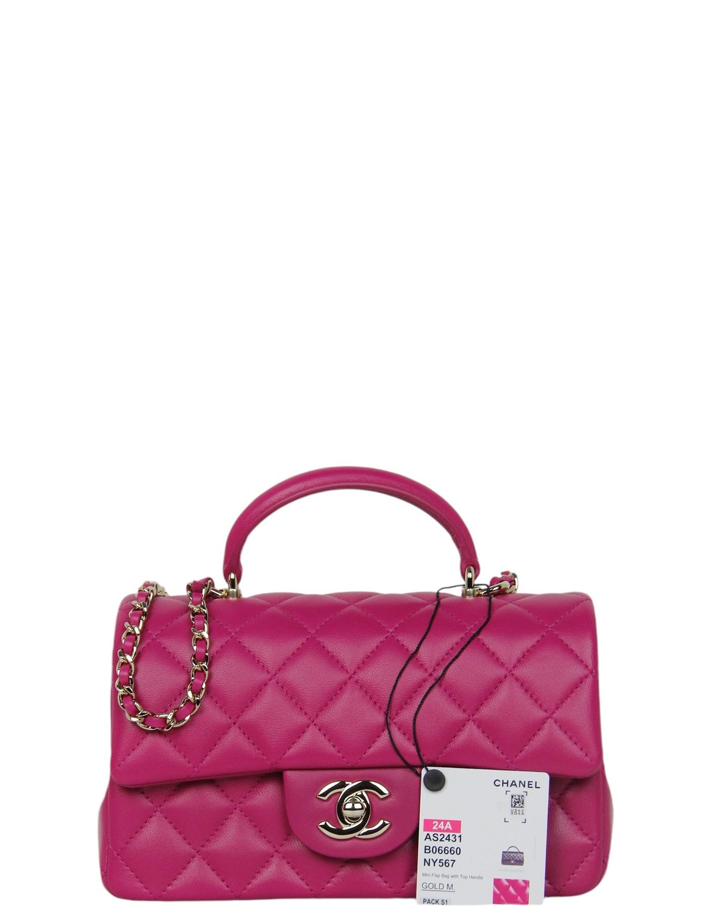Chanel NWT '24 Fuchsia Lambskin Quilted Mini Top Handle Rectangular Flap Bag