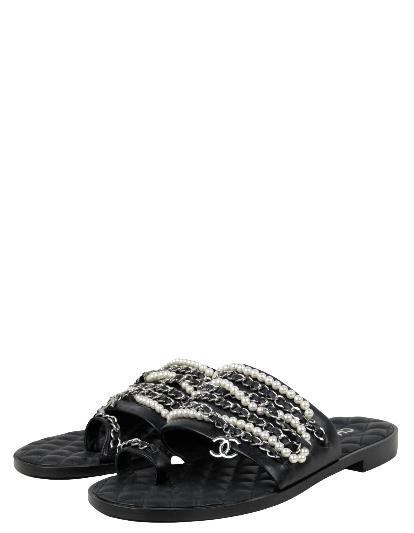 Chanel Pearl and Leather Laced Chain Sandals sz