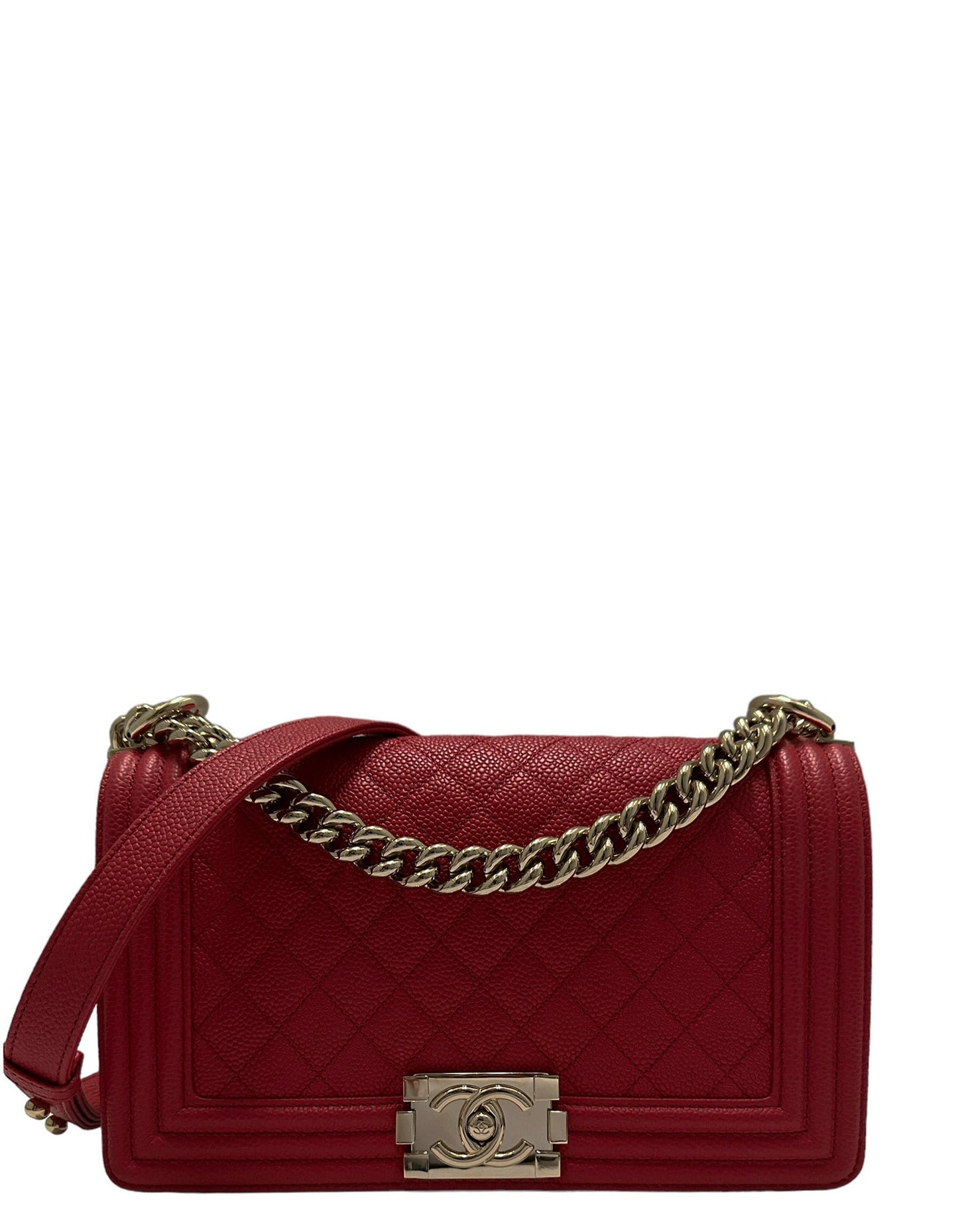 Red Caviar Leather Quilted Medium Boy Bag Signature