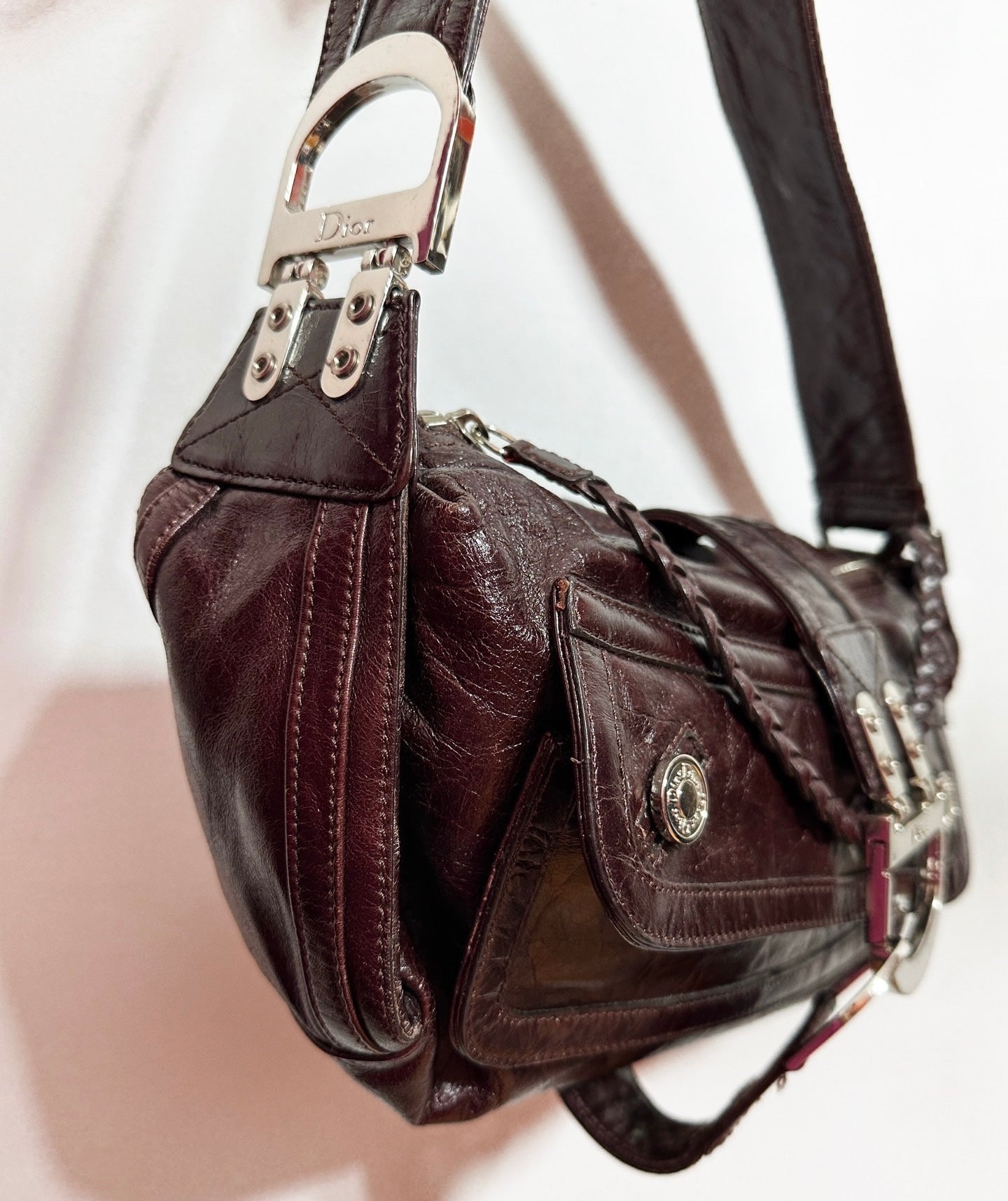 Dior Flight Shoulder Bag Wine Burgundy Crumpled Patent Leather Medium