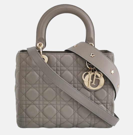 Dior Lady Grey Lambskin Cannage Handbag Abc Strap Leather Medium Travel Bag
