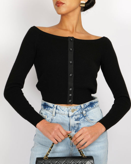 Chanel Black Cashmere Cardigan with Black and White CC Logo Buttons Size FR 36 (UK 8) Apparel