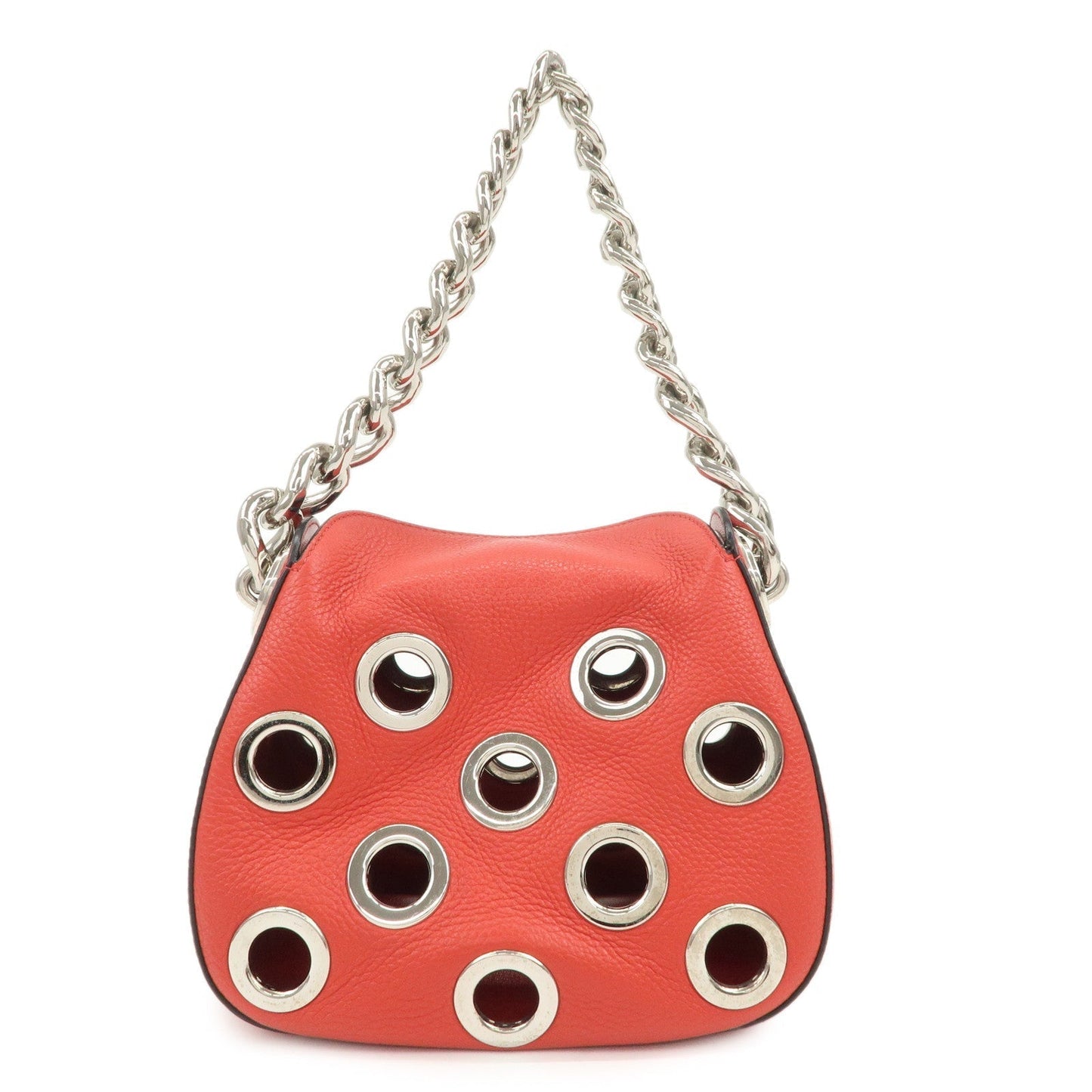 Shoulder Bag Grommet Leather Red Silver