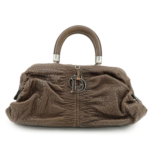 Dior Handbag Christian Gathered Boston Bag Hand Bag Leather Brown Embossed