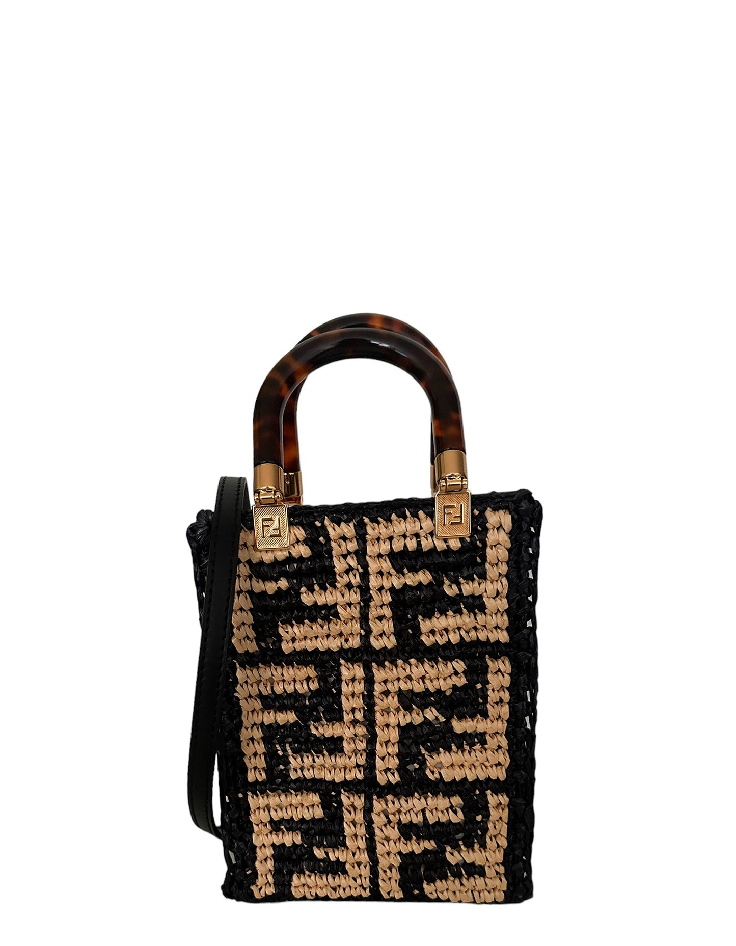 Fendi Handbag Mini Sunshine Shopper Tote Bag Leather Raffia Monogram Shoulder Bag