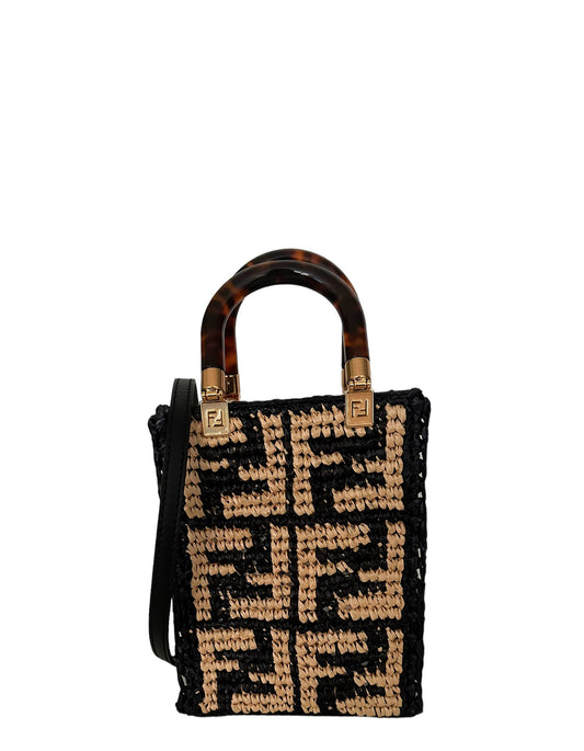 Fendi Handbag Mini Sunshine Shopper Tote Bag Leather Raffia Monogram Shoulder Bag