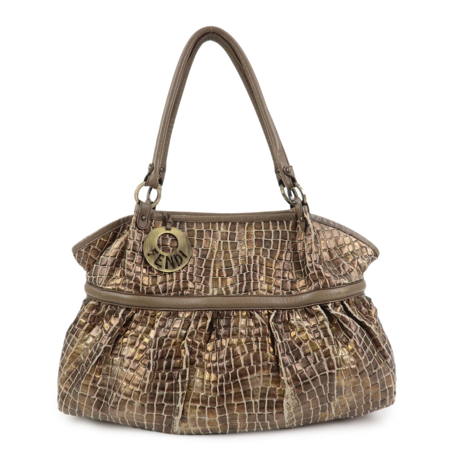 Tote Bag Gathered Shoulder Bag Leather Brown Embossed