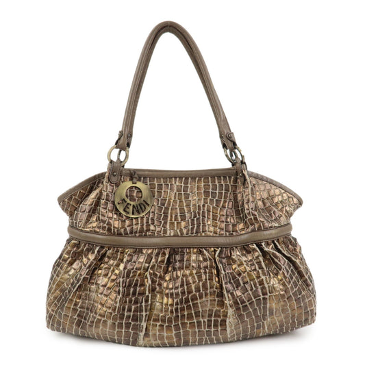 Tote Bag Gathered Shoulder Bag Leather Brown Embossed