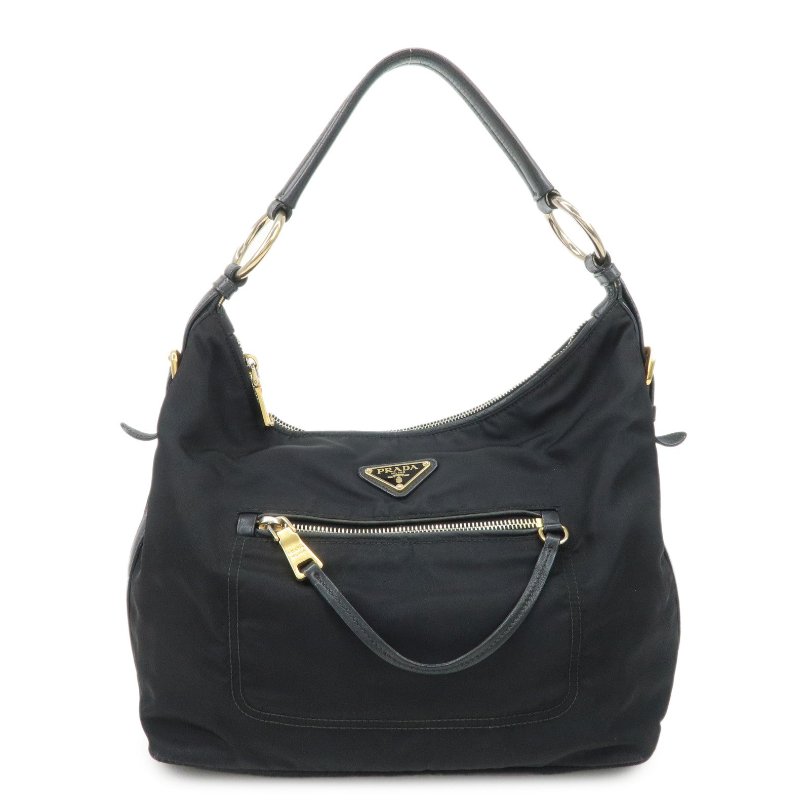 Shoulder Bag Triangle Leather Nylon Black Leather Nylon Black