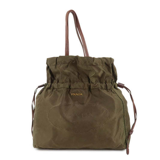 Tote Bag Drawstring Shoulder Bag Leather Nylon Brown