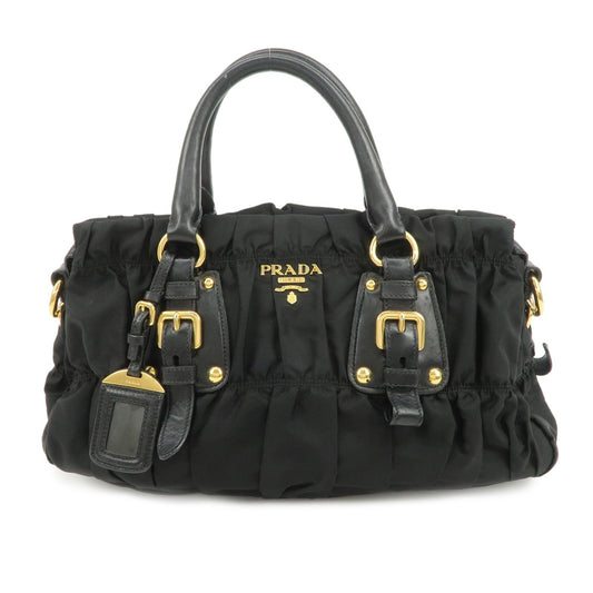 Shoulder Bag Gathered 2Way Hand Leather Nylon Black