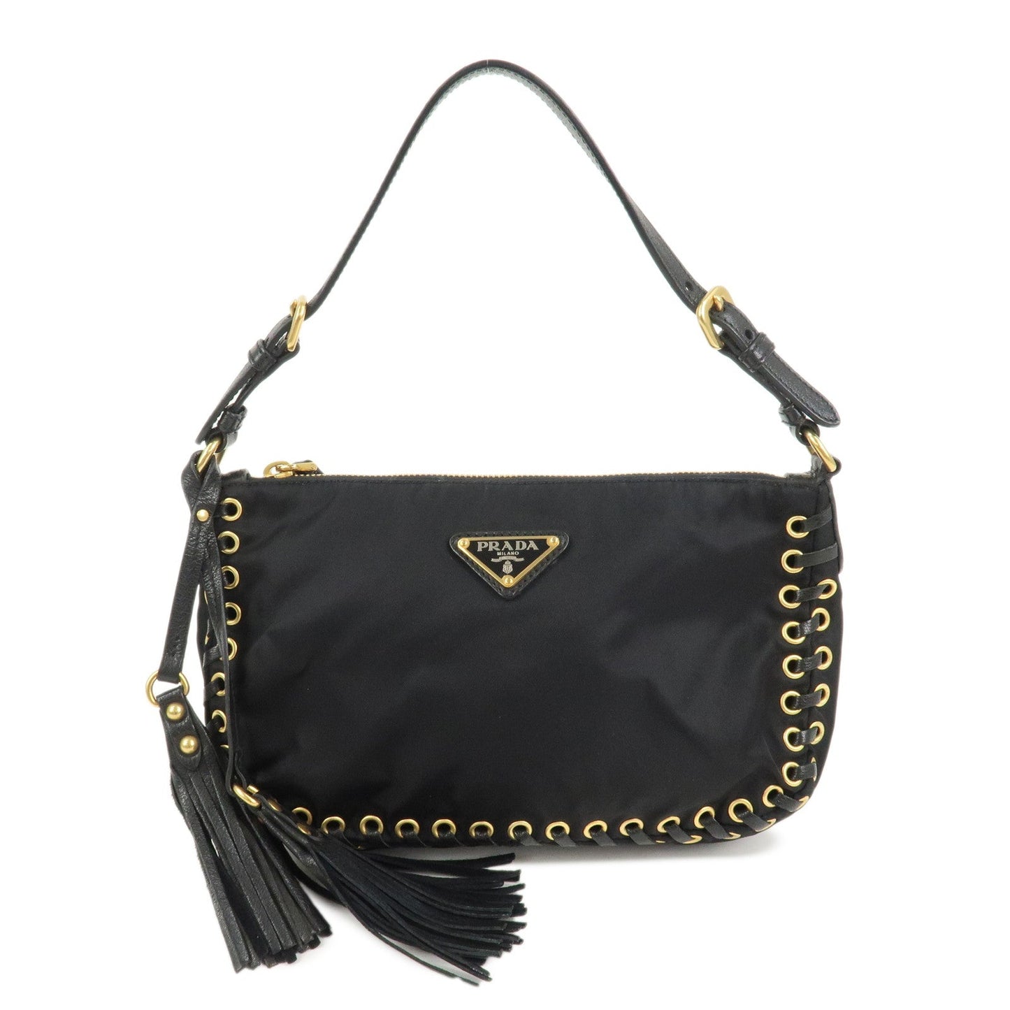 Shoulder Bag Triangle Tassel Leather Nylon Black