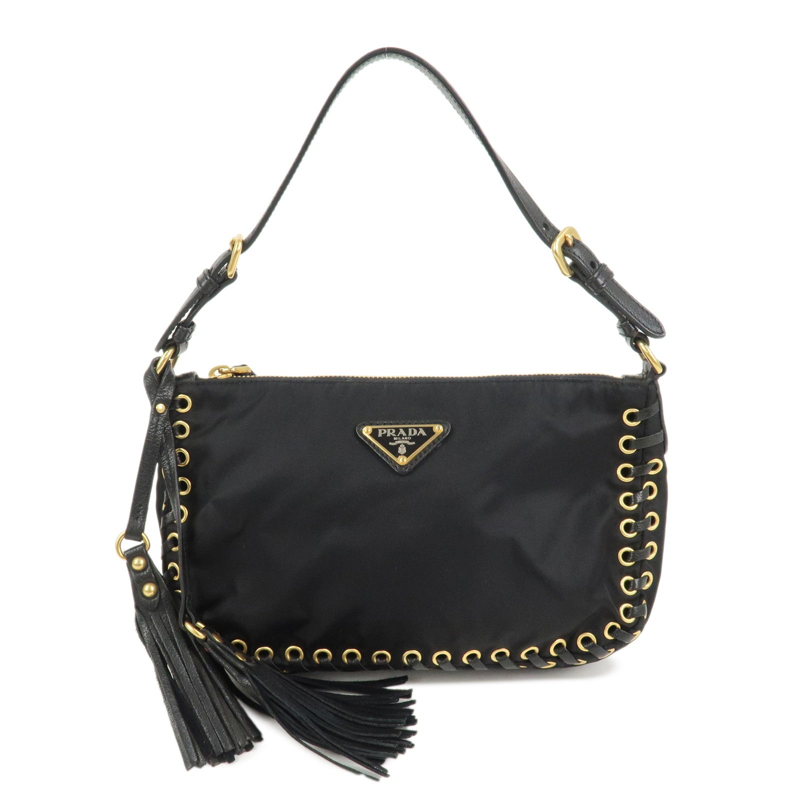 Shoulder Bag Triangle Tassel Leather Nylon Black