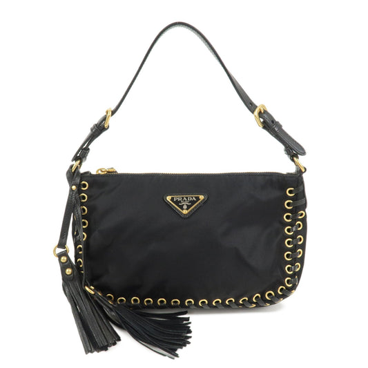 Shoulder Bag Triangle Tassel Leather Nylon Black