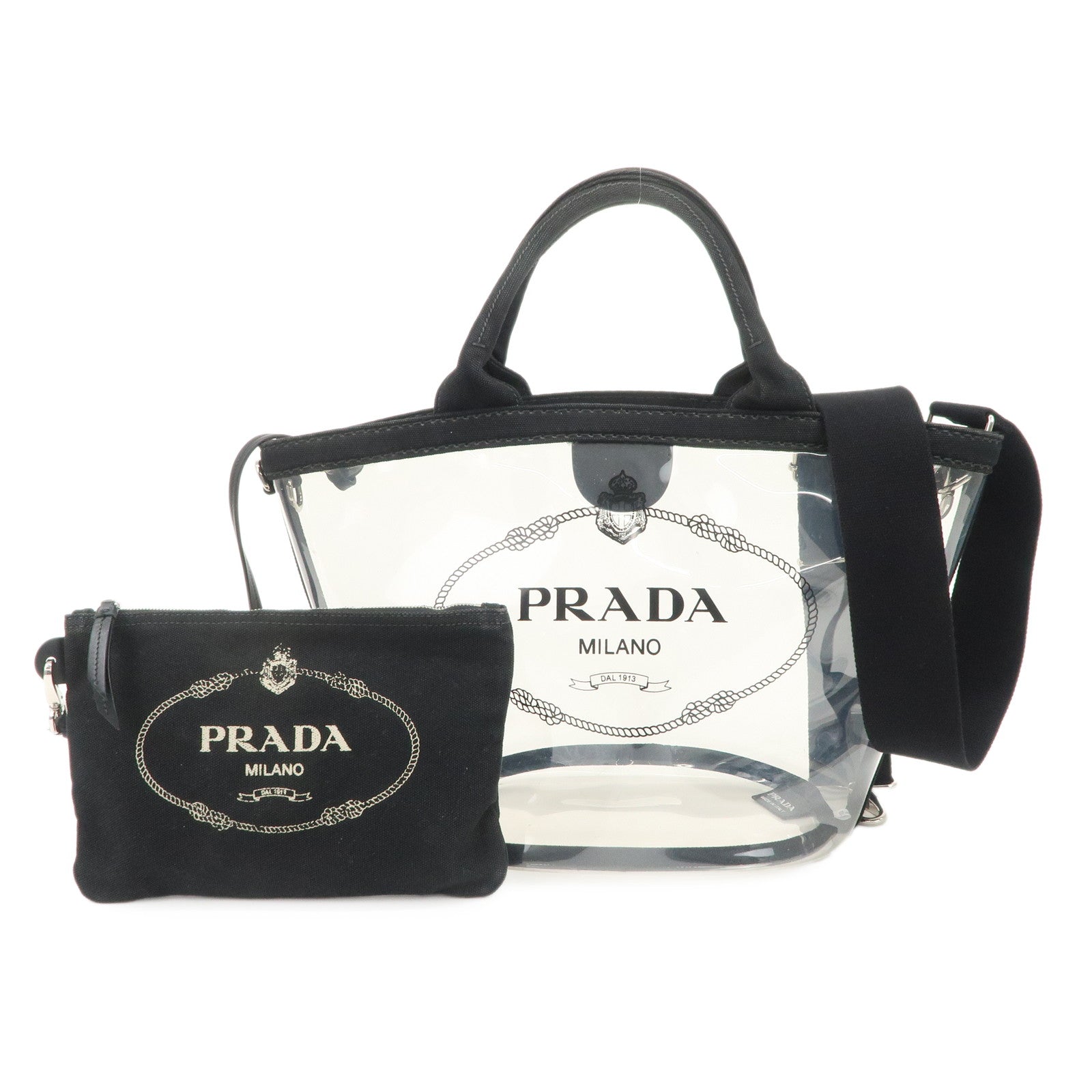 Vinyl 2Way Hand Bag Clear Leather Canvas Black Handbag