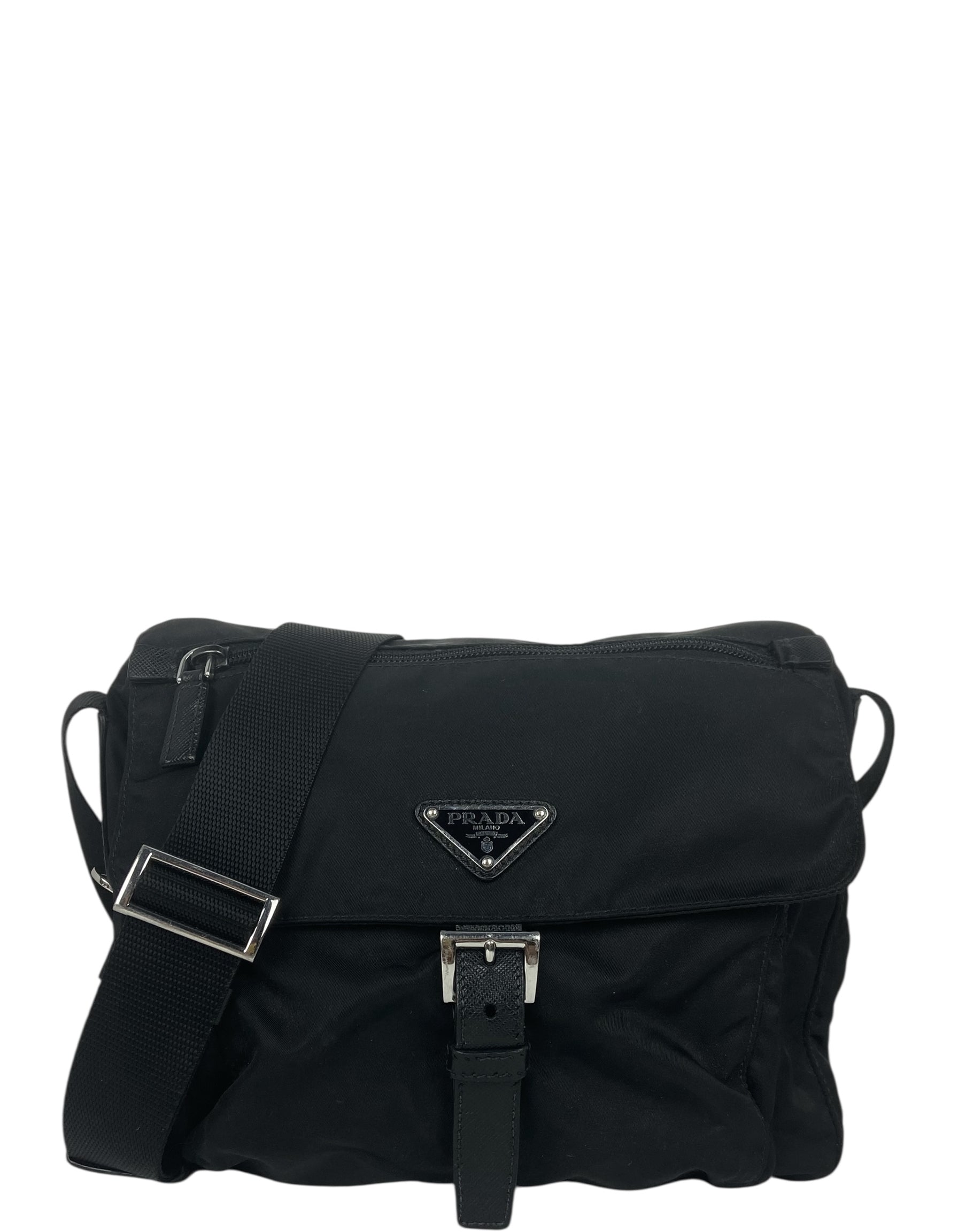Prada Handbag Messenger Bag Leather Nylon Black Crossbody Bag