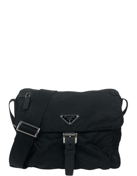Prada Handbag Messenger Bag Leather Nylon Black Crossbody Bag