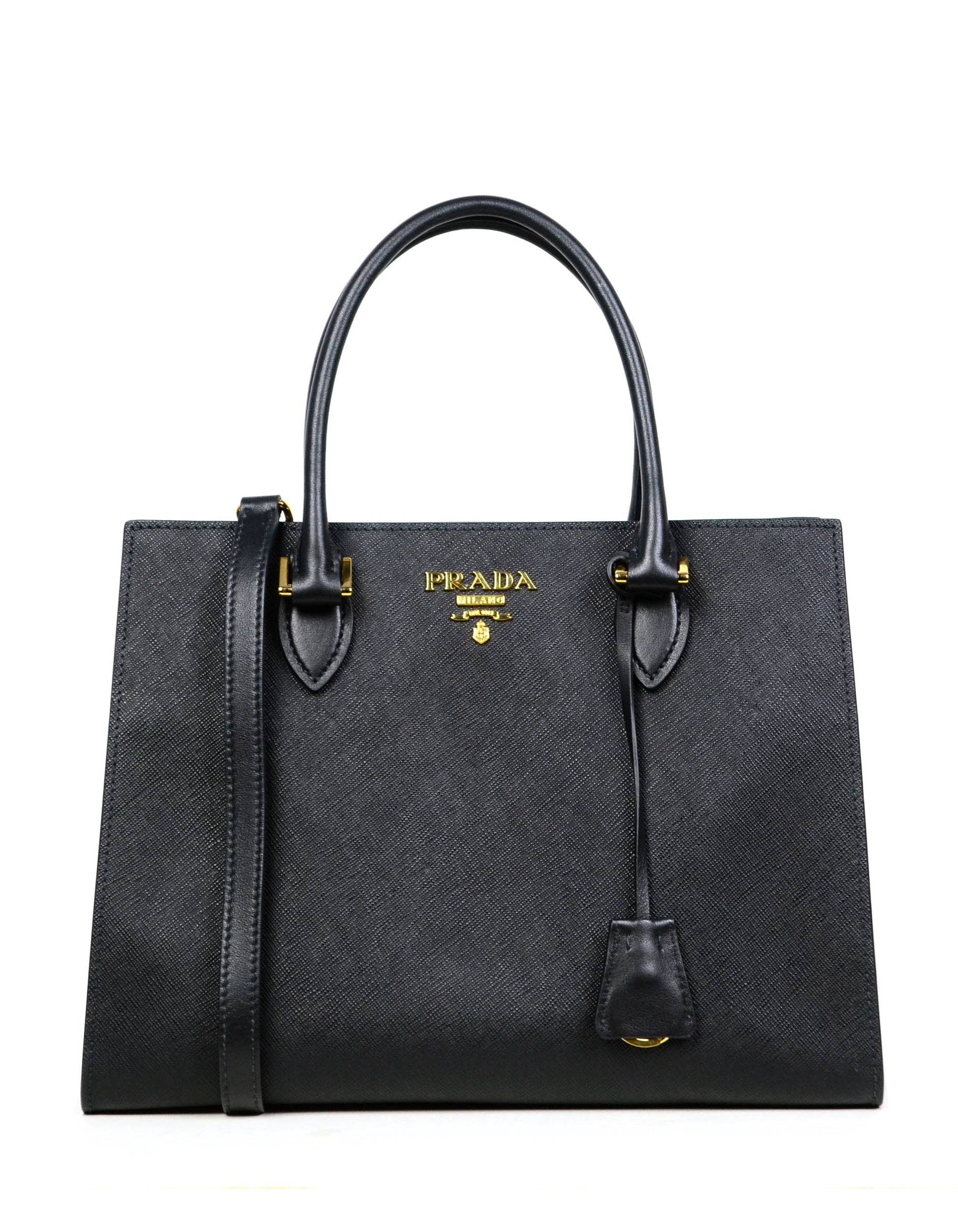 Prada Handbag Lux Convertible Tote Bag w Strap Leather Saffiano Black Crossbody Bag