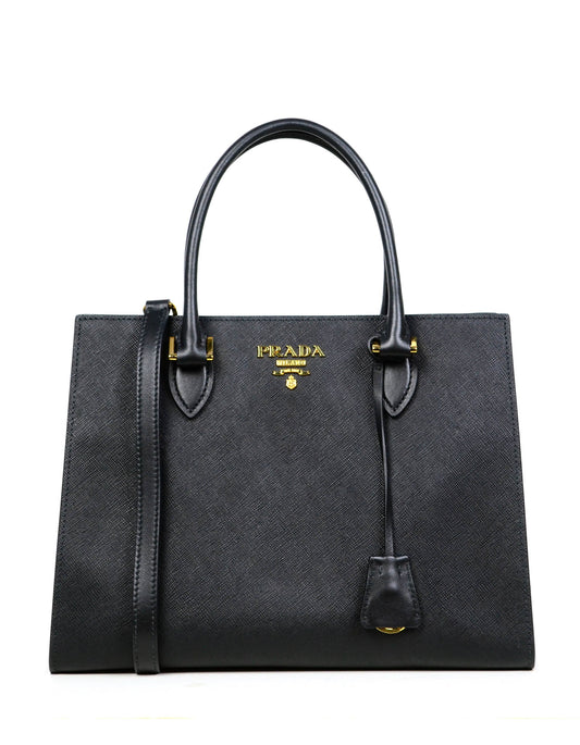 Prada Handbag Lux Convertible Tote Bag w Strap Leather Saffiano Black Crossbody Bag