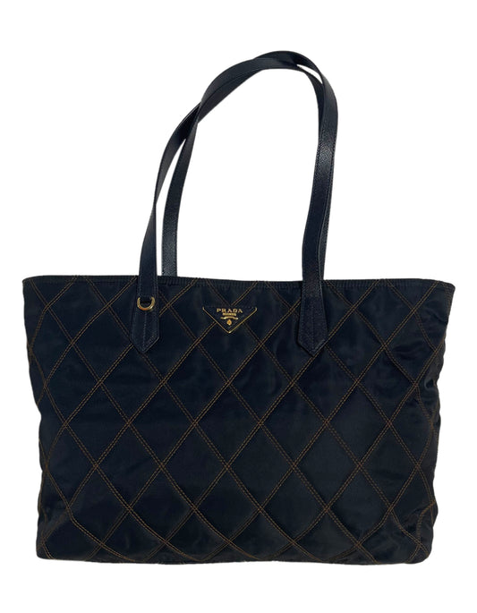 Prada Handbag Tote Bag w Contrast Stitching Nylon Quilted Blue