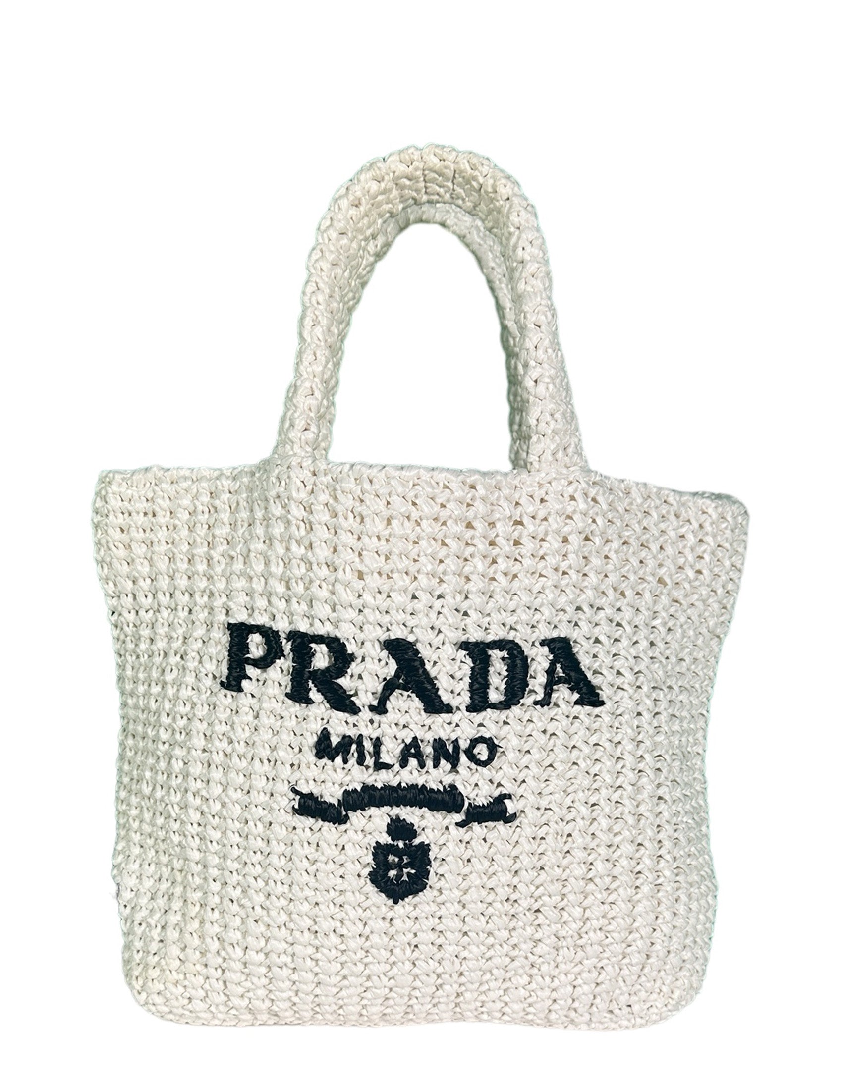 Prada Handbag Yarn Effect Crochet Embroidered Tote Bag Raffia Black White