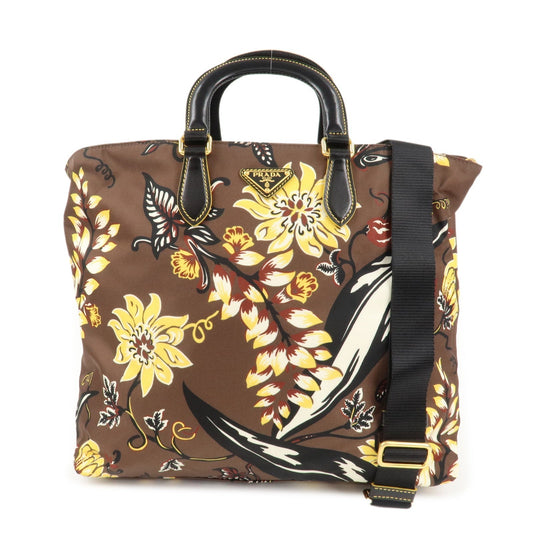 Shoulder Bag Triangle 2Way Bag Hand Bag Floral Leather Nylon Brown