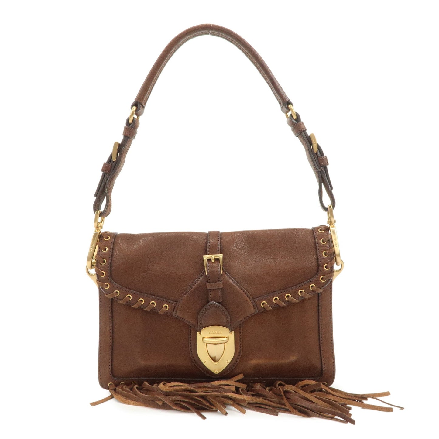 Shoulder Bag Fringe 2Way Bag Clutch Bag Leather Brown