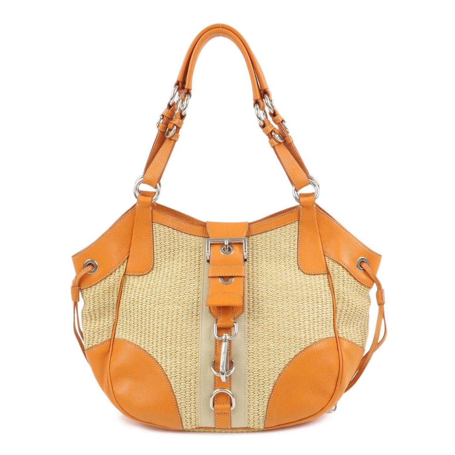 Shoulder Bag Hand Bag Leather Raffia Orange