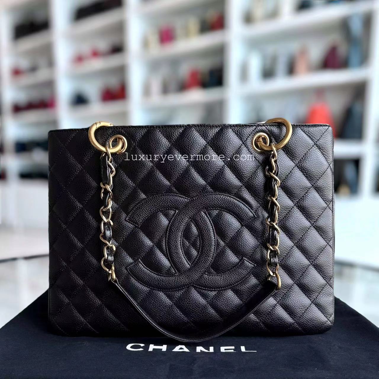 Chanel GST Grand Shopping Tote - Caviar Golden Quilted Black Tote Bag