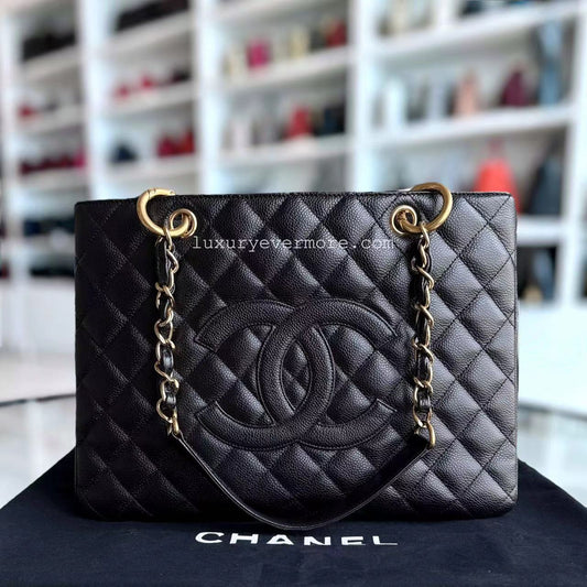 Chanel GST Grand Shopping Tote - Caviar Golden Quilted Black Tote Bag