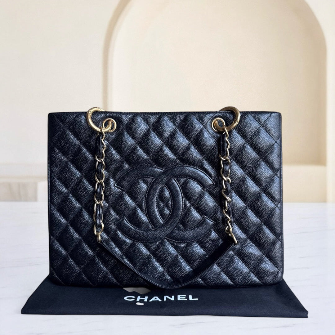 Chanel GST Grand Shopping Tote - Caviar Quilted Grained Calfskin Black Gold Hardware Series 11