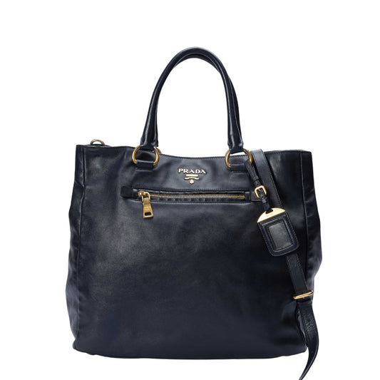 Prada Soft Front Tote Leather Blue Zip Tote Bag