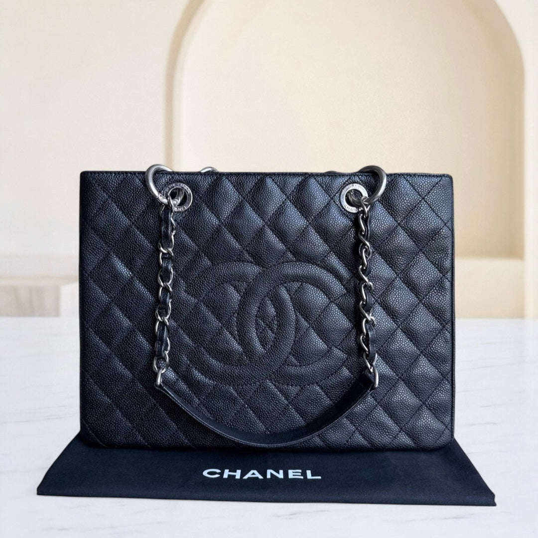 Chanel GST Grand Shopping Tote - Caviar Quilted Grained Calfskin Black Silver Hardware