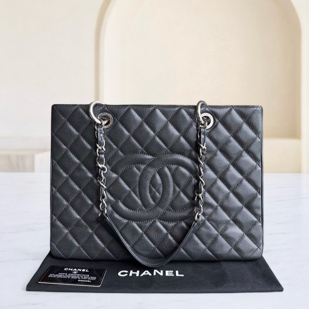 Chanel GST Grand Shopping Tote - Caviar Grained Quilted Silver Tote Bag