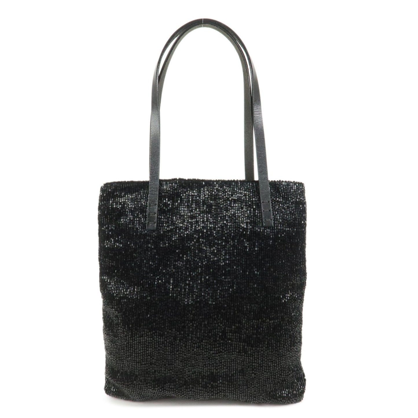 Tote Bag Beads Hand Bag Leather Black Logo